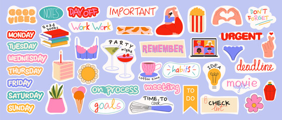 Set of weekly or daily planner stickers vector flat illustration. Stickers with letters, quotes, characters and daily elements for notebook. Design elements for diaries .