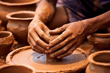 Close-up of hands making clay pots - obrazy, fototapety, plakaty