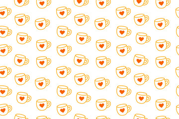 Seamless pattern with simple outline coffee cup with heart. Doodle style mug isolated on white background