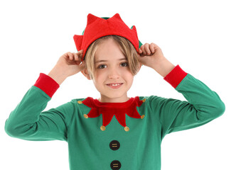 Cute little boy in elf costume isolated on white background
