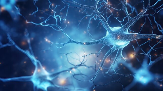 A close-up of neuron cell with shining blue light