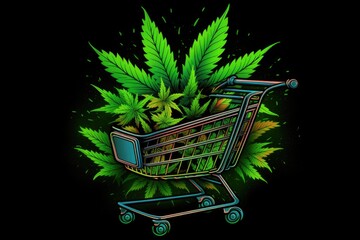 A shopping cart filled with marijuana leaves on a black background.