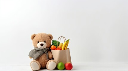 A teddy bear sitting next to a paper bag filled with fruit and vegetables. Veganuary, vegan January.