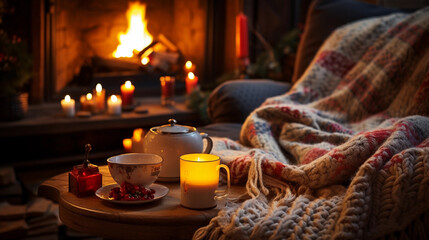 cozy fireplace in winter with a mug of tea
