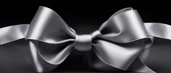 Shiny silver satin bow and ribbon on plain black background from Generative AI - obrazy, fototapety, plakaty