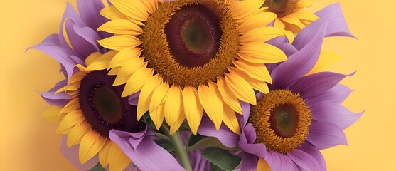Sunflower bouquet on a plain purple pastel background from Generative AI