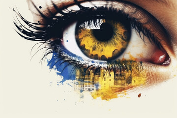 Collage with woman eye in yellow blue color