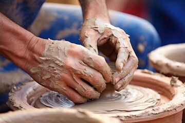 Close-up of hands making clay pots