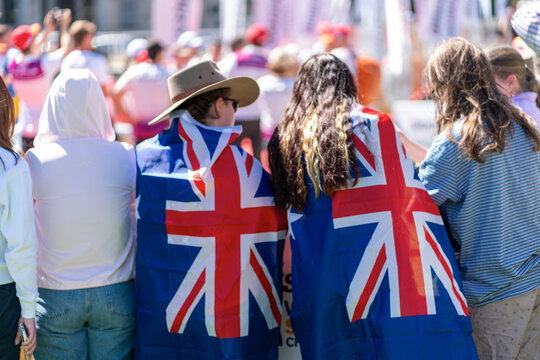 Australia Day The 26th January, Two Australian Students Posing With Their National Flags