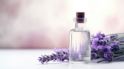 Obraz na płótnie Canvas A bottle of lavender oil next to a bunch of lavender flowers.