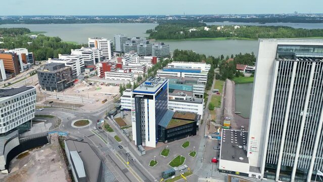 Aerial footage of Keilaniemi district located in Espoo, Finland