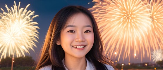 Portrait of a happy asian girl with night sky with green fireworks displays background from Generative AI