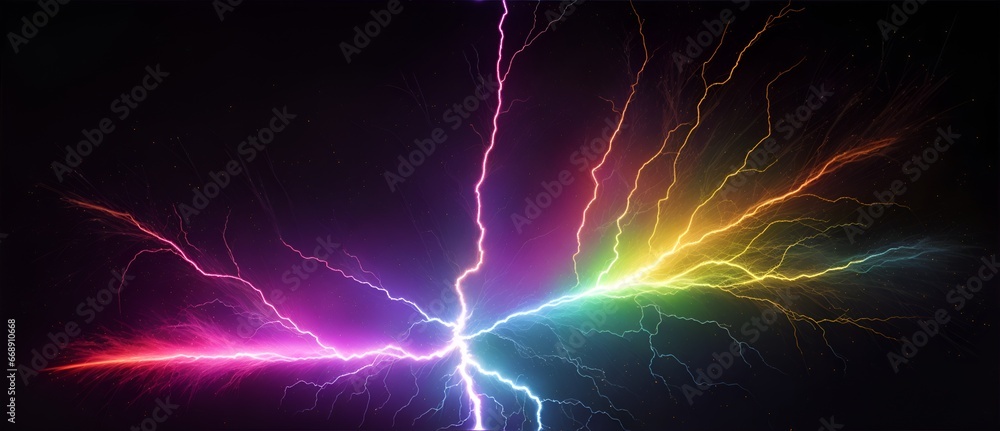 Poster flashing light effect of rainbow colored electric thunder explosion with sparks on plain black backg