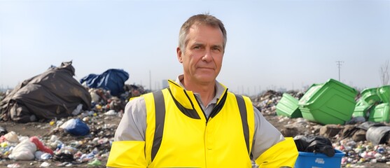 Caucasian man standing wearing safety vest with arms crossed on blurred dumpsite garbage background from Generative AI