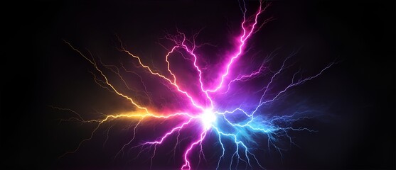 Flashing light effect of colorful electric thunder explosion with sparks on plain black background...