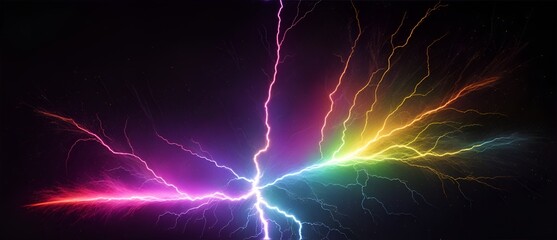Flashing light effect of rainbow colored electric thunder explosion with sparks on plain black background from Generative AI