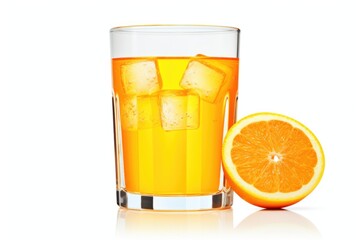 A glass of orange juice next to an orange slice. Clipart on white background.