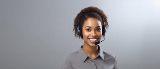 Call center, black young woman and smile in contact us with CRM, headset with mic and mockup space. Customer service, happy female and telemarketing with sales and help desk. gray background,  - obrazy, fototapety, plakaty