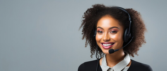 Call center, black young woman and smile in contact us with CRM, headset with mic and mockup space. Customer service, happy female and telemarketing with sales and help desk. gray background, 
