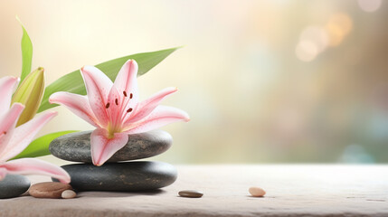 Obraz na płótnie Canvas Lily and spa stones in zen garden Spa Stones And Waterlily With Fountain Zen Garden generative ai