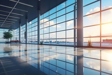 Empty airport terminal at sunset. Travel concept. 3D Rendering