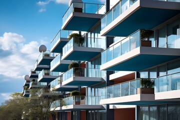 Modern apartment buildings on a sunny day with a blue sky. Facade of a modern apartment building
