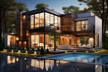 3d rendering of modern cozy house with pool and parking for sale or rent in luxurious style and beautiful landscaping on background. Clear summer night with shiny light from window.
