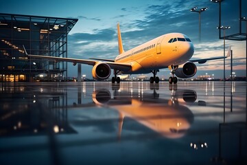 Airplane in the airport at sunset. Travel and transportation concept.