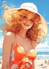 woman hat beach fluffy orange skin uncanny smile long blond curly hair streaming bright shading techniques - obrazy, fototapety, plakaty
