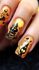 Nail Art Halloween themed with a simple Orange base and Black drawings on top in the style of Halloween Pumpkins and Witch's Hats.