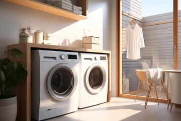 Interior of a Modern and Luxurius Laundry Room with Sunlight coming from outside. Pot with Plants creating the room more Modern and Vibrant. - obrazy, fototapety, plakaty