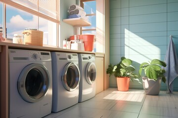 Interior of a Modern and Luxurius Laundry Room with Sunlight coming from outside. Pot with Plants creating the room more Modern and Vibrant.