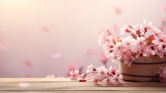 Pink cherry blossom on wooden background, Cozy spring vibes, Copy space, Spring floral. Generative AI