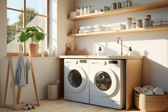 Interior of a Modern and Luxurius Laundry Room with Sunlight coming from outside. Pot with Plants creating the room more Modern and Vibrant.