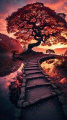 A Beautiful Path on Water in Autumn while the Sun is Setting. Fashinating Deserted Lake in period of Fall. Golden Hour.