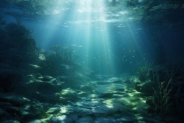 Fashinating Corals surrounded by Fishes at the bottom of the Ocean. Sunrays penetrating through the water Illuminating the Sea Nature