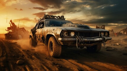 A 4x4 Driving through Wasteland covered in Sand in late evening of a Cloudy day.
