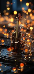 Majestic Macro of a Violin surrounded by Orange and Golden Water Drops floating over the composit.