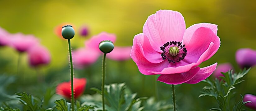Close up photo of pink poppy anemone on green grass