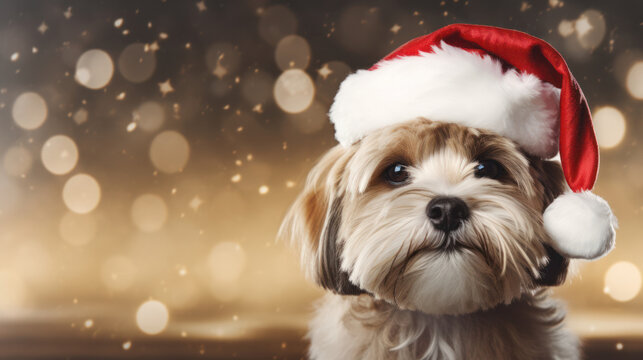 Christmas shih tzu dog in Santa hat with bokeh background, copy space. Generative AI