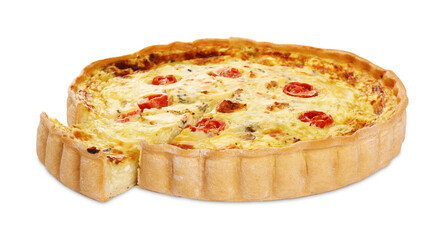 Delicious homemade cheese quiche isolated on white
