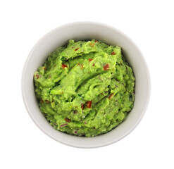 Bowl of delicious guacamole isolated on white, top view
