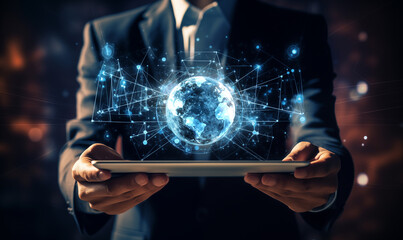 Glowing blue sphere held by human hand, technology concept