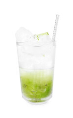 Glass of refreshing drink with kiwi isolated on white