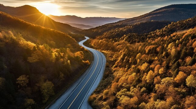 Aerial view of mountain road in autumn forest at sunrise