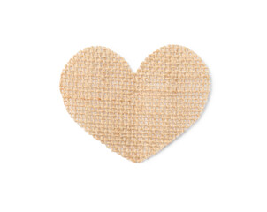 Heart made of burlap fabric isolated on white, top view