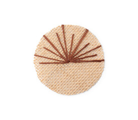 Circle made of burlap fabric with brown stitches isolated on white, top view
