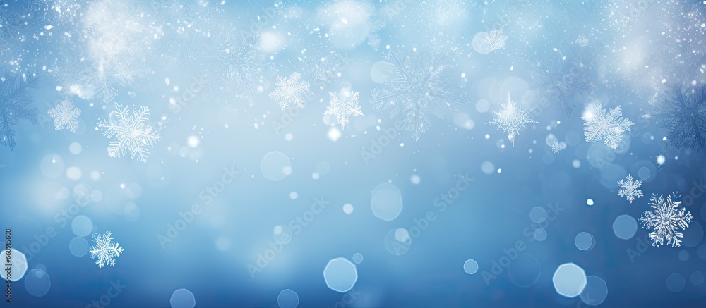 Aufkleber abstract light background with a snowflake on a blue background and blurred white bokeh