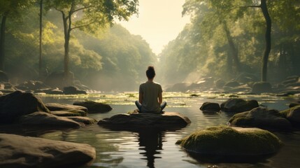 Back view serene individual meditating practicing mindfulness by the lake, peaceful sitting in lotus position landscape nature background