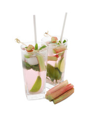 Tasty rhubarb cocktail with lime isolated on white